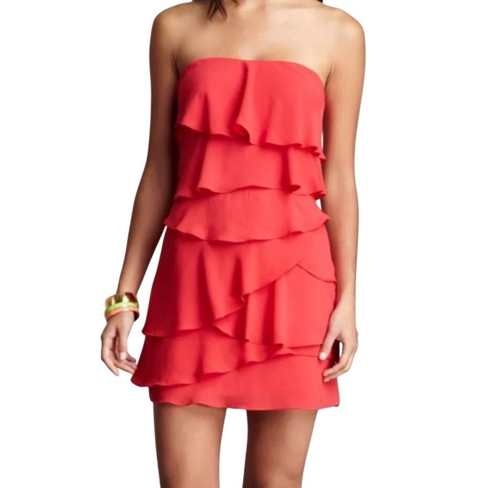 BCBGMAXAZRIA Red Strapless Ruffle Tiered Mini Dress Poppy Size 2